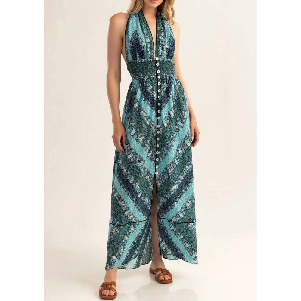 Shoshanna Smocked Halter Midi Dress Blue Reef Multi Floral Print Coastal